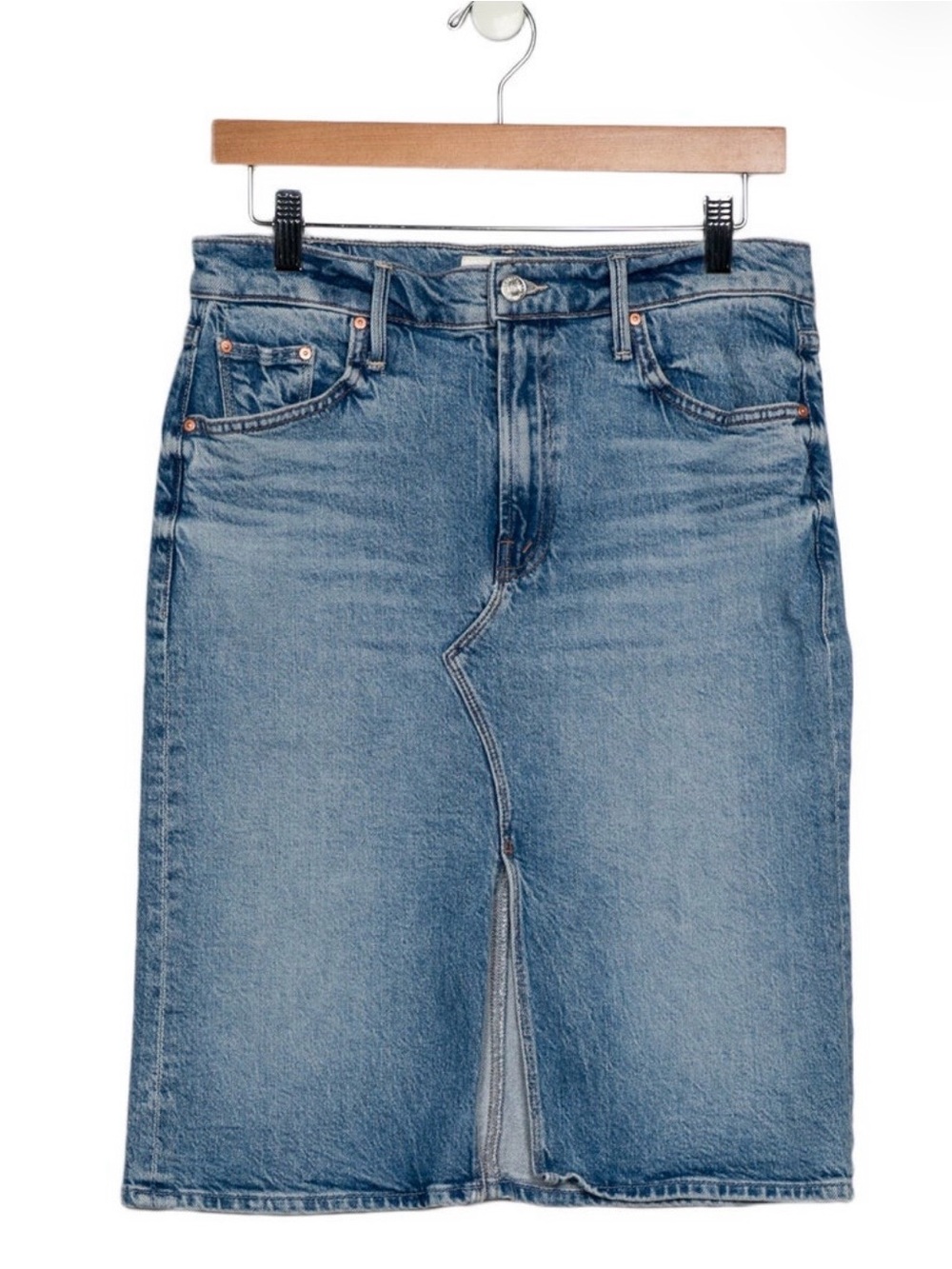 MOTHER Denim Knee Length Skirt in Light Blue Wash